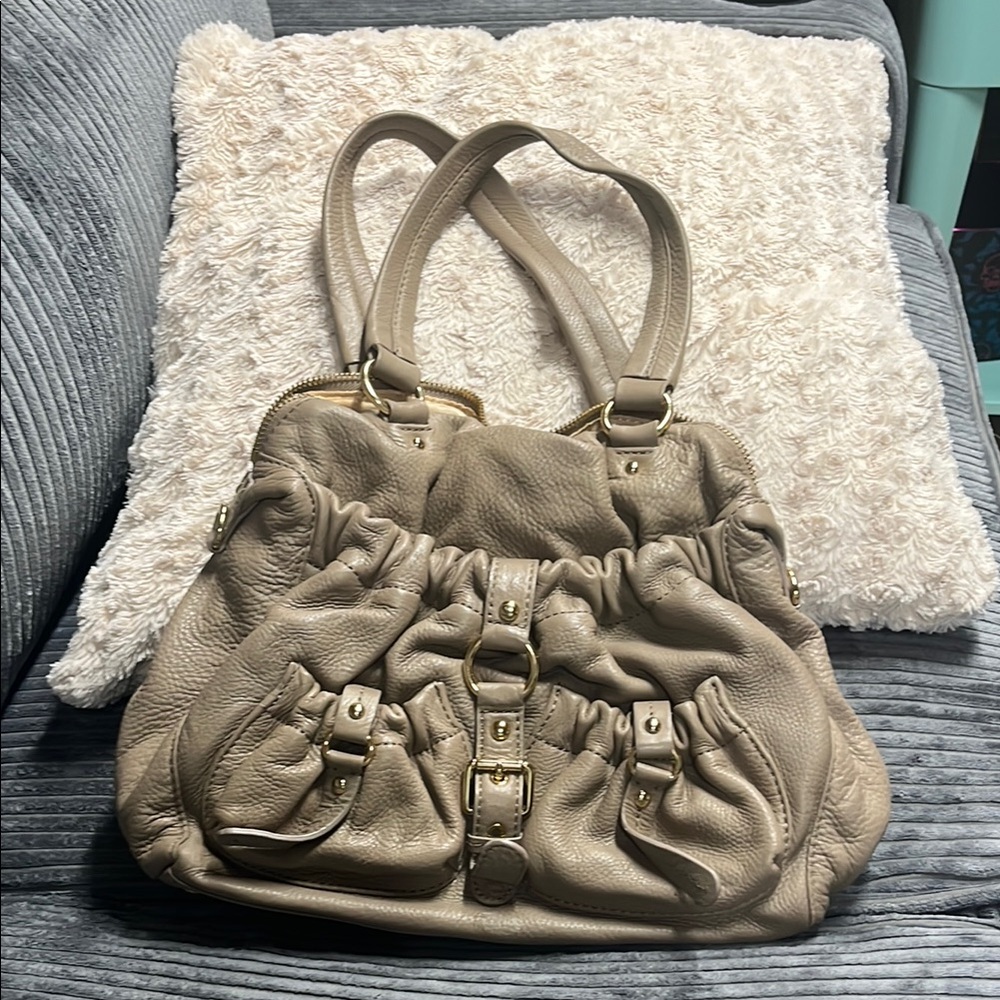 Taupe Leather Handbag with Buckle Accents